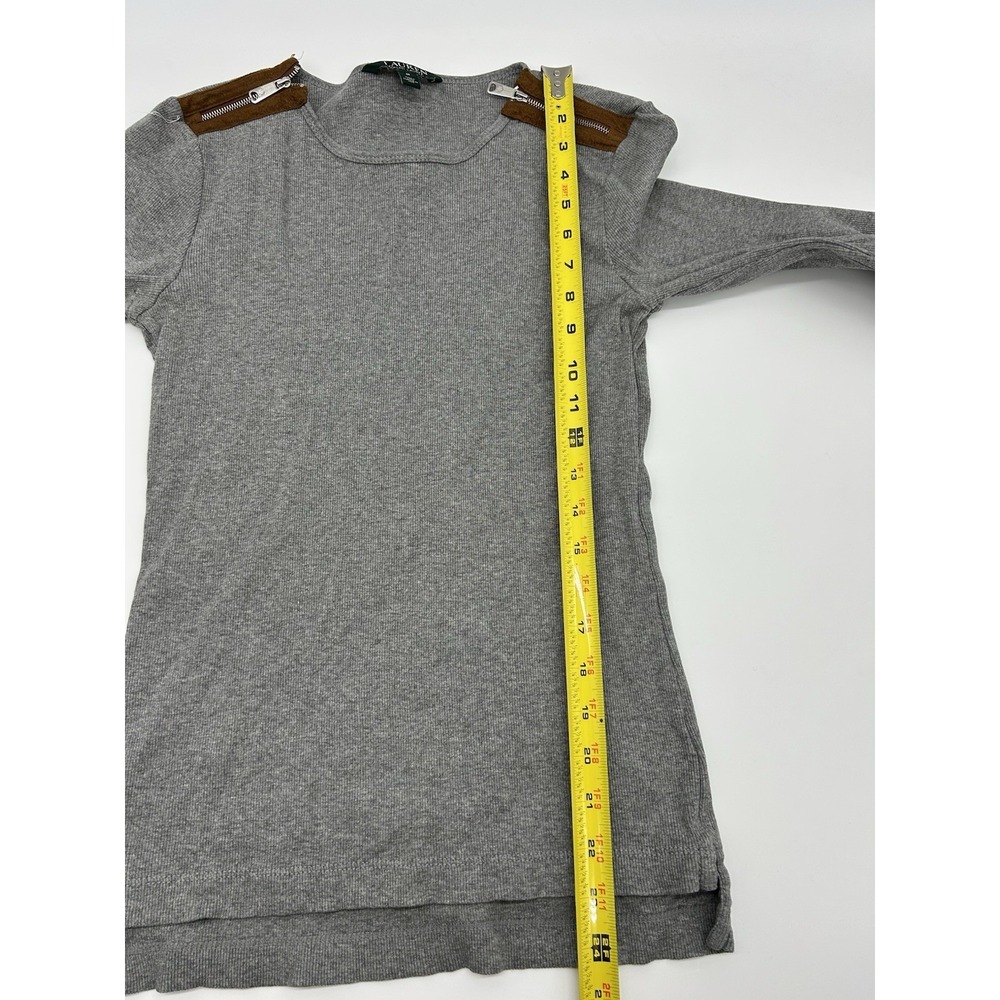 Lauren Ralph Lauren Gray Knit Top Shirt Faux Suede Zipper Shoulders Women Size M - Picture 6 of 7